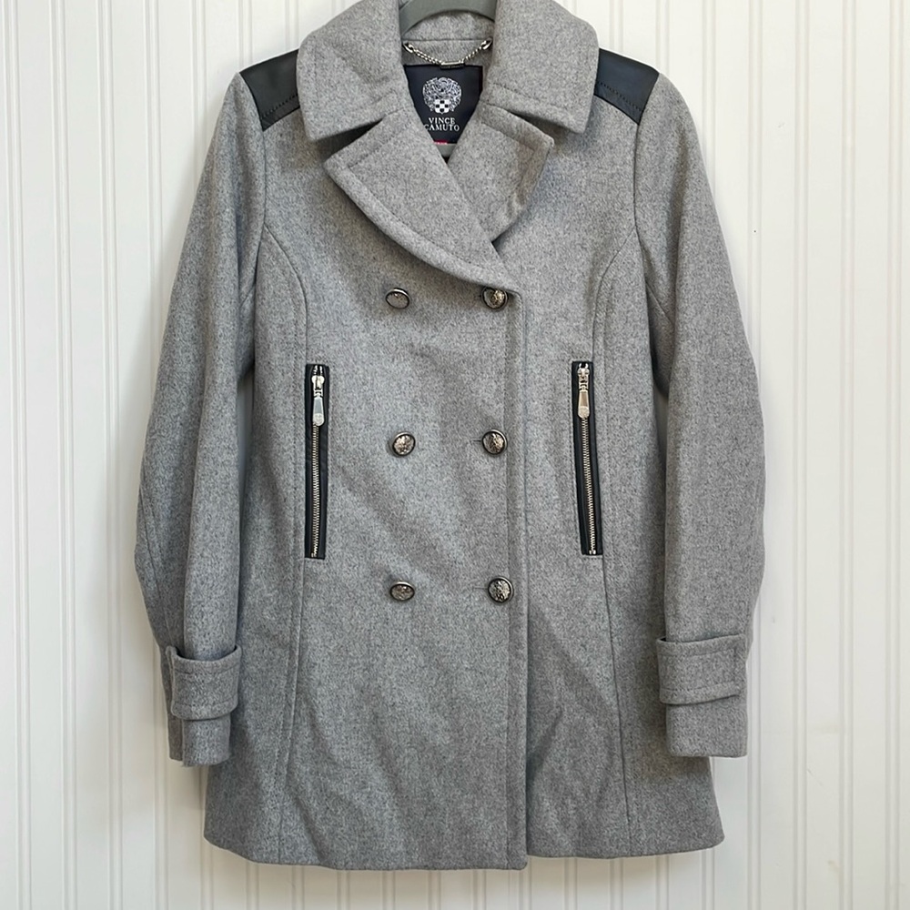 Vince Camuto Women's Sz XS Wool Blend Gray Double Breasted Coat Faux Leather